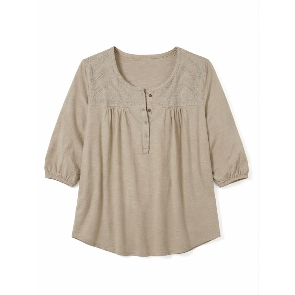 Lucky Brand Tan Embroidered Henley‎ Top Plus Size 1X 3/4 Sleeve Cotton NWT